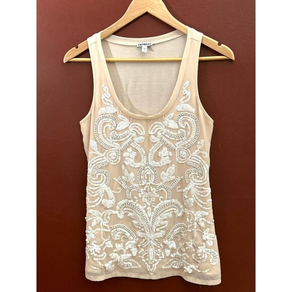 Express Womens Beige Sequin Beaded Tank Top Size Small Scoop Neck Y2K Sleeveless - Picture 1 of 6